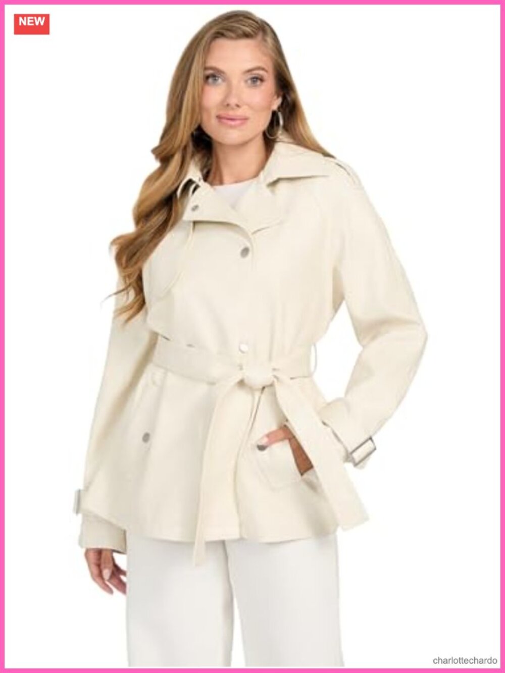 Faux Leather Short Trench Coat Button Closure Self Tie Waist